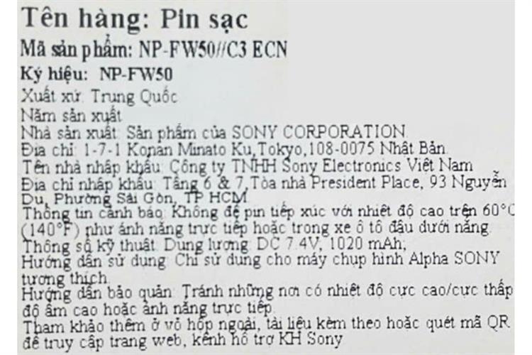 Pin sạc Sony NP-FW50/C3 ECN Màu Đen