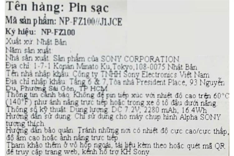 Pin sạc Sony NP-FZ100/J1JCE Màu Đen