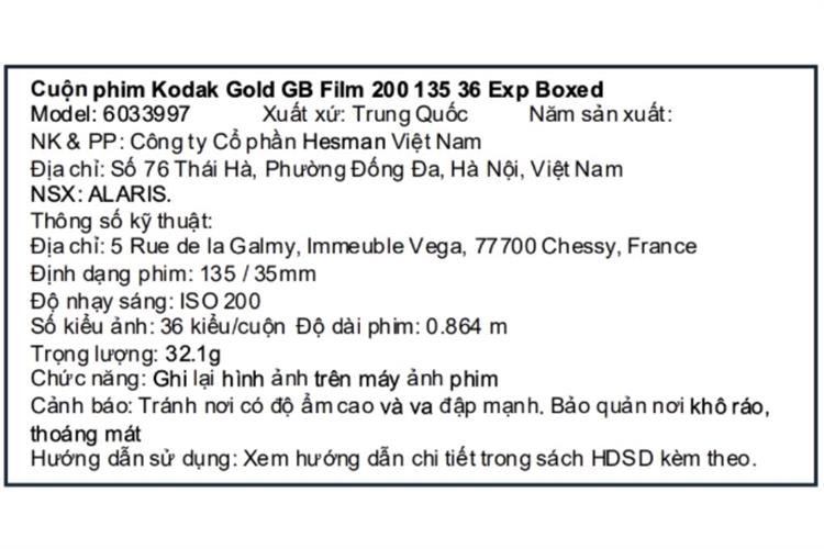 Phim máy ảnh Kodak Gold GB Film 200 135 (36 x 1 hộp) Màu Vàng