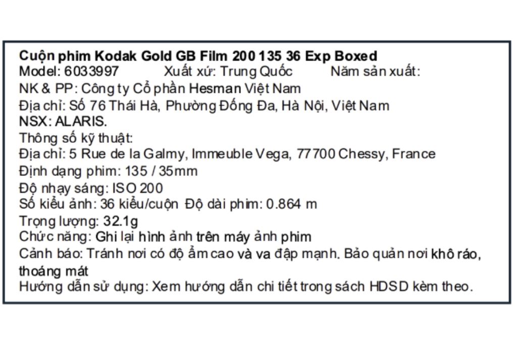Phim máy ảnh Kodak Gold GB Film 200 135 (36 x 1 hộp) Màu Vàng