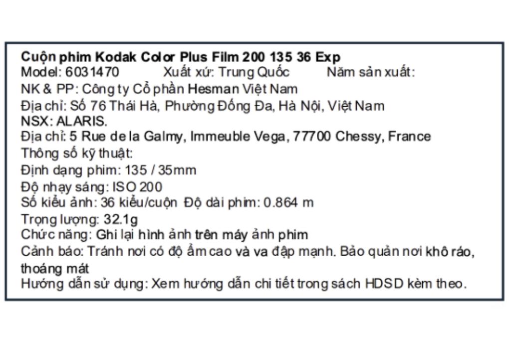 Phim máy ảnh Kodak Plus Film 200 135 (36 x 1 hộp) Màu Vàng