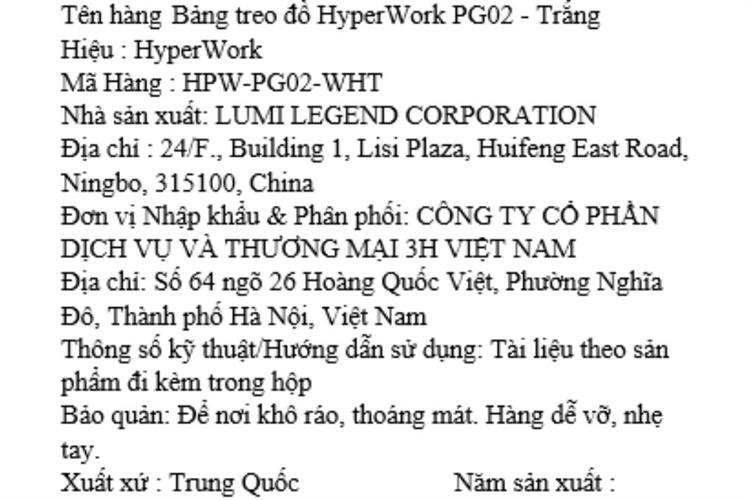 Bảng treo đồ Pegboard Hyperwork PG02 Trắng Màu Trắng