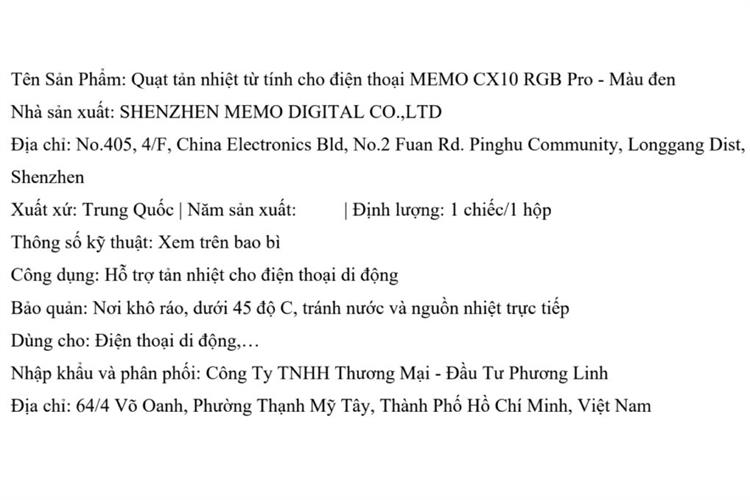 Quạt tản nhiệt điện thoại MEMO CX10 RGB Pro 10W Màu Đen