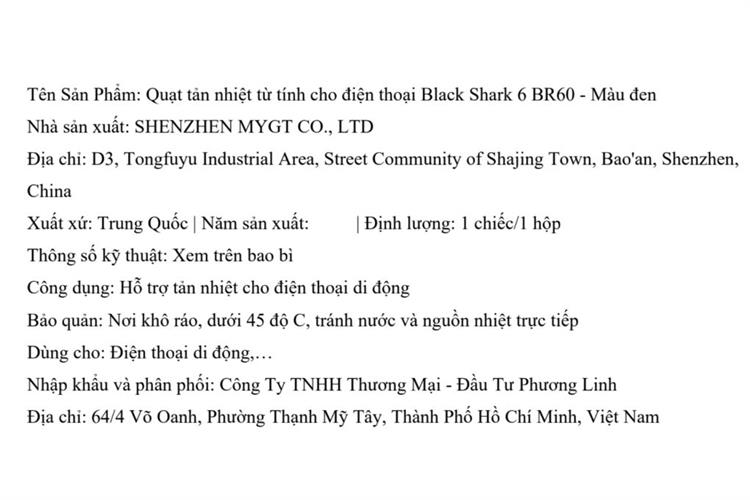 Quạt tản nhiệt điện thoại Black Shark 6 BR60 20W Màu Đen