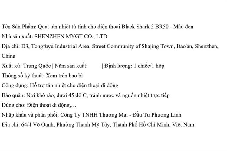 Quạt tản nhiệt điện thoại Black Shark 5 BR50 20W Màu Đen