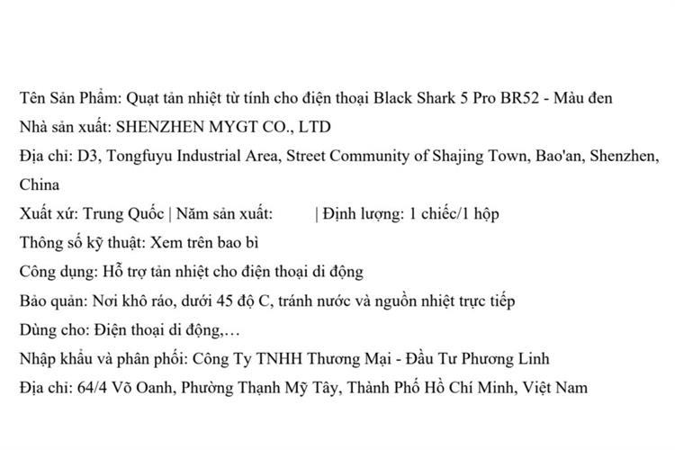 Quạt tản nhiệt điện thoại Black Shark 5 Pro BR52 35W Màu Đen