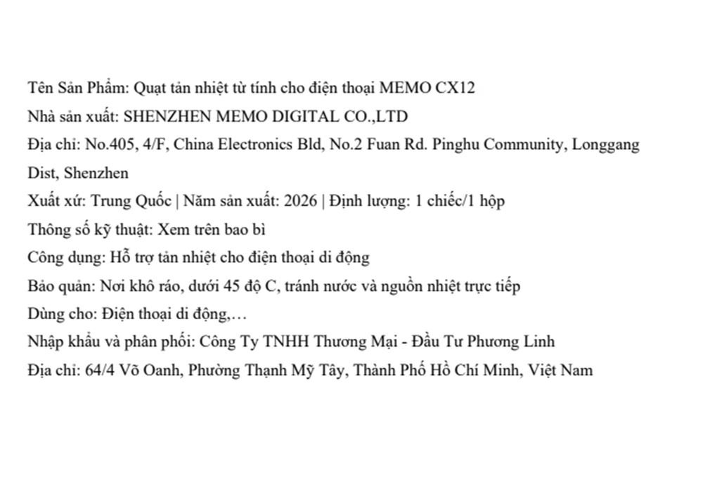 Quạt tản nhiệt điện thoại kèm pin MEMO CX12 Màu Đen - Vàng