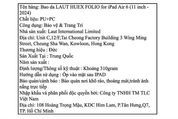Bao da iPad Air 6 M2/ Air M3 11 inch PC PU LAUT HUEX FOLIO Màu Đen