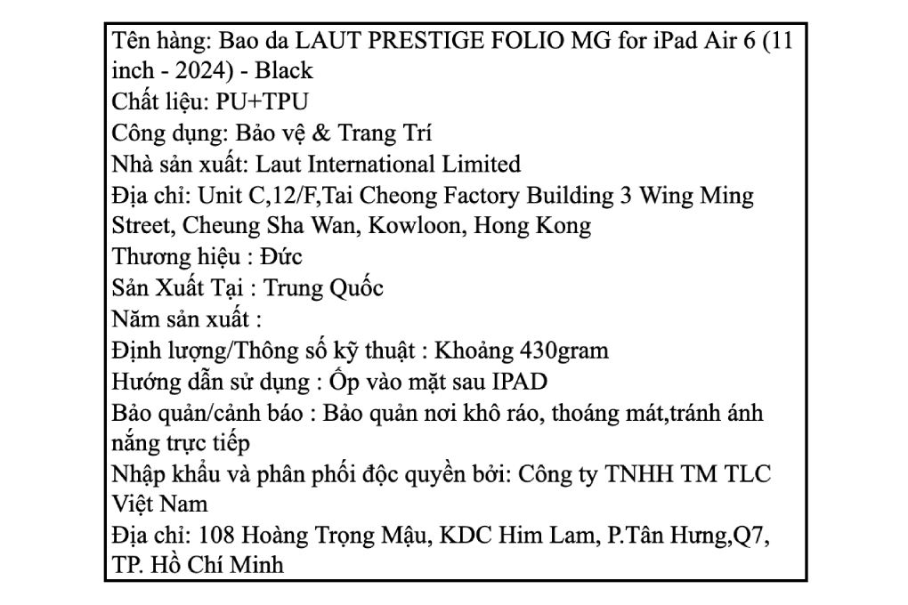 Bao da iPad Air M4/M3/M2 11 inch TPU PU LAUT PRESTIGE FOLIO MG Màu Đen