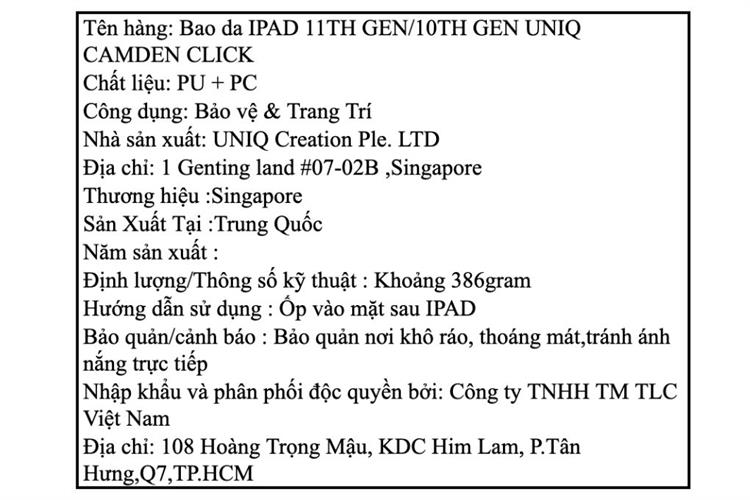 Bao da iPad A16/ iPad 10 PU PC UNIQ CAMDEN CLICK Màu Xám