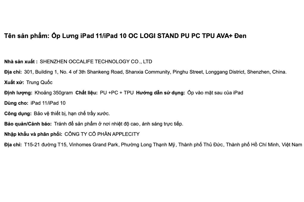 Ốp lưng iPad A16/iPad 10 PU PC TPU AVA+ OC LOGI STAND Màu Đen