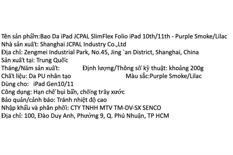 Bao da nắp gập iPad 11/iPad 10 PU JCPAL SlimFlex Folio Màu Tím