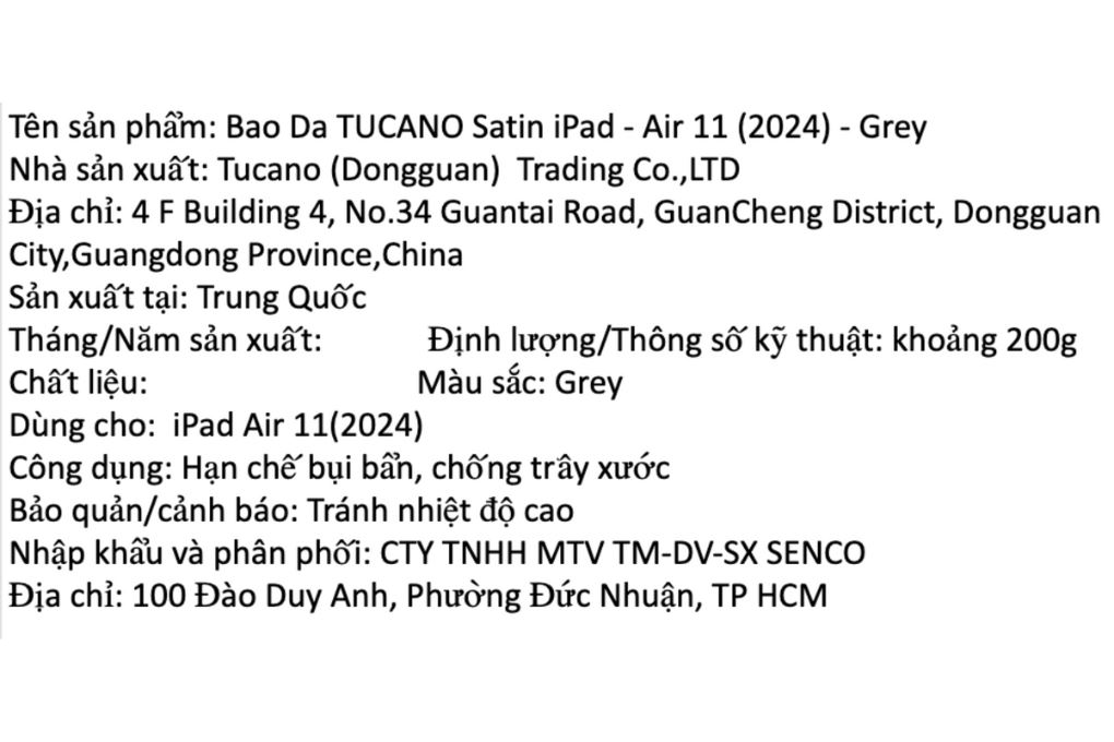 Bao da iPad Air M4/M3/M2 11 inch Satin PU PC TUCANO Màu Xám