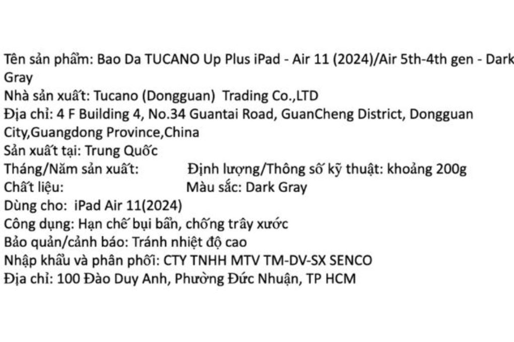 Bao da iPad Air M4/M3/M2 11 inch Up Plus PU TPU TUCANO Màu Xám đậm