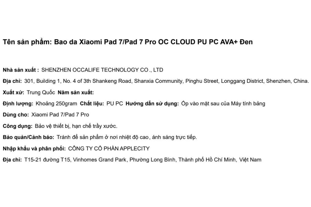 Bao da Xiaomi Pad 7/Pad 7 Pro/Pad 8/Pad 8 Pro AVA+ OC CLOUD Màu Đen
