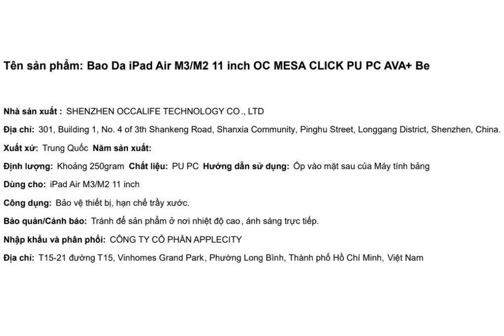 Bao da iPad Air M4/M3/M2 11 inch PU PC AVA+ OC MESA CLICK Màu Xám