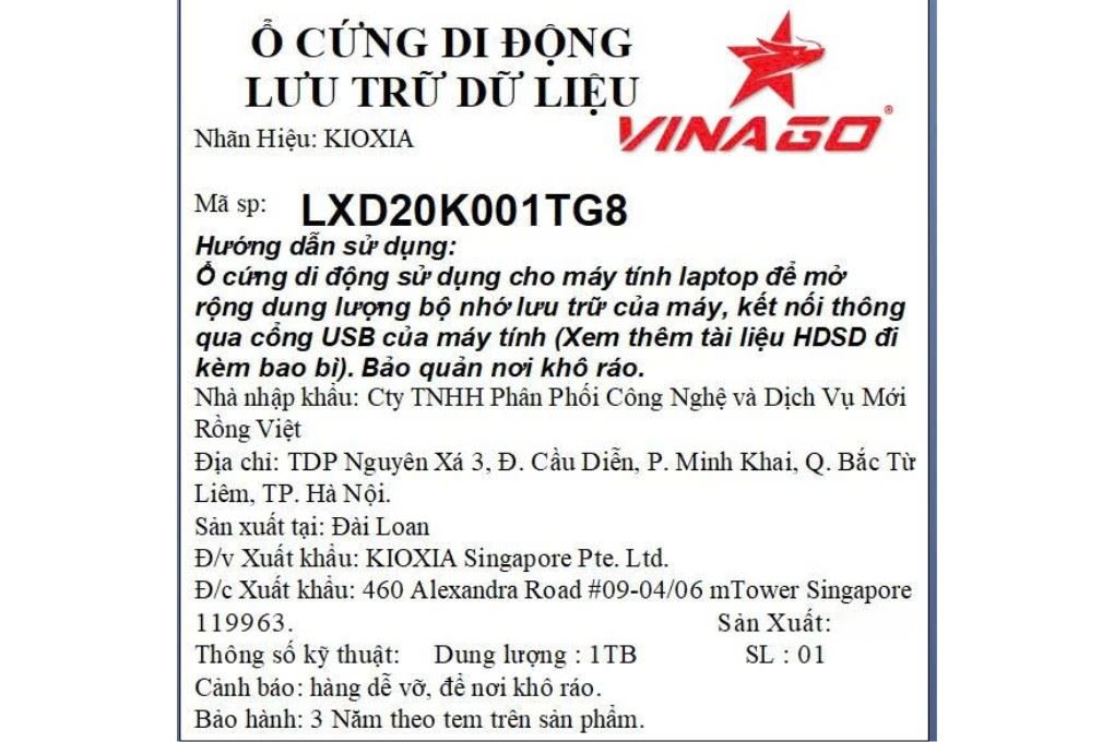 Ổ cứng SSD 1TB Kioxia Exceria Plus G2 Portable LXD20K001TG8 Màu Đen