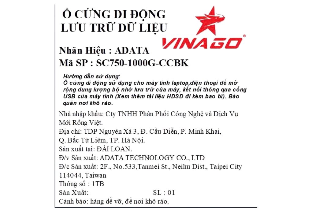 Ổ cứng SSD 1TB Adata Portable SC750 Màu Đen