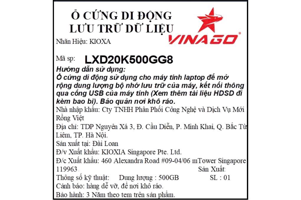 Ổ cứng SSD 500GB Kioxia Exceria Plus G2 Portable LXD20K500GG8 Màu Đen