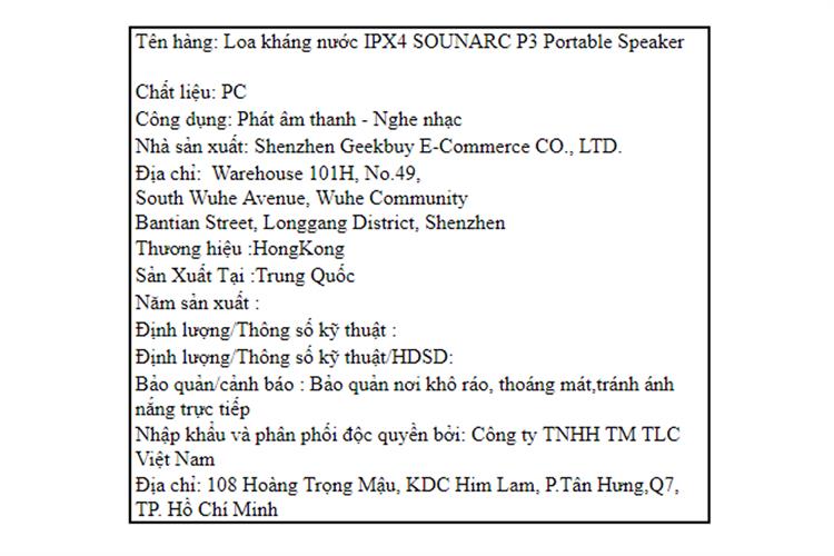 Loa Bluetooth Sounarc P3 Portable Speaker Màu Xanh Dương