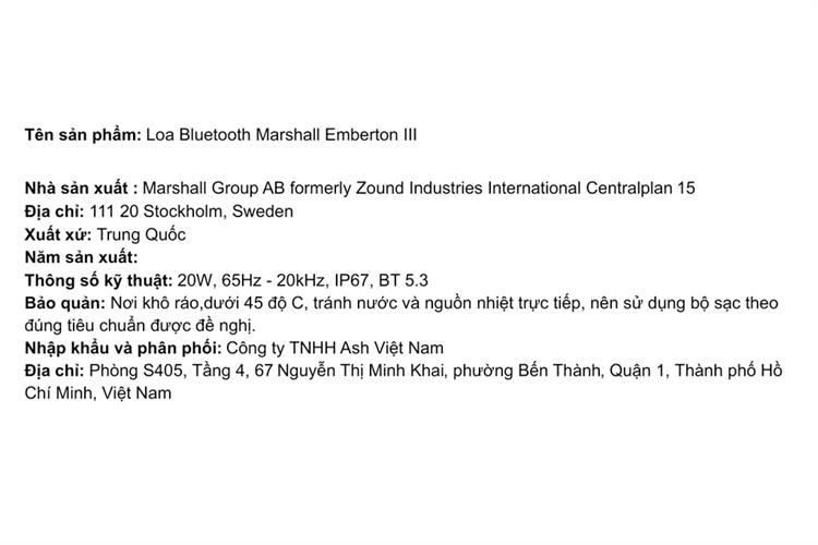 Loa Bluetooth Marshall Emberton III Màu Kem