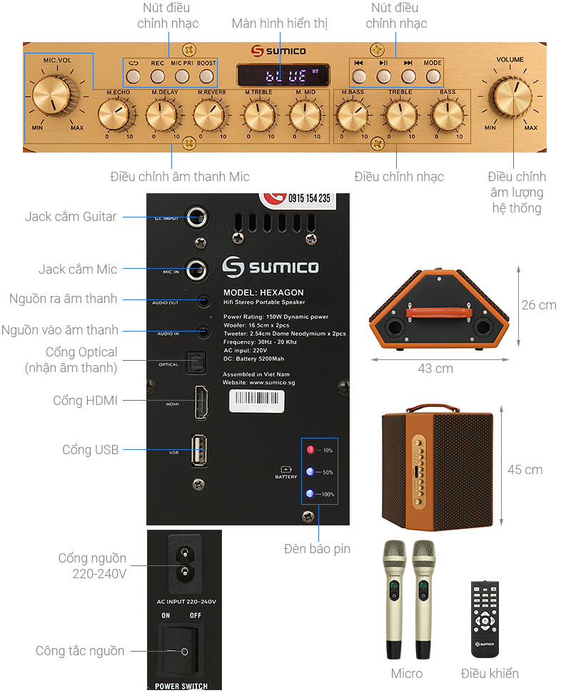 Loa kéo karaoke Sumico Hexagon 150W