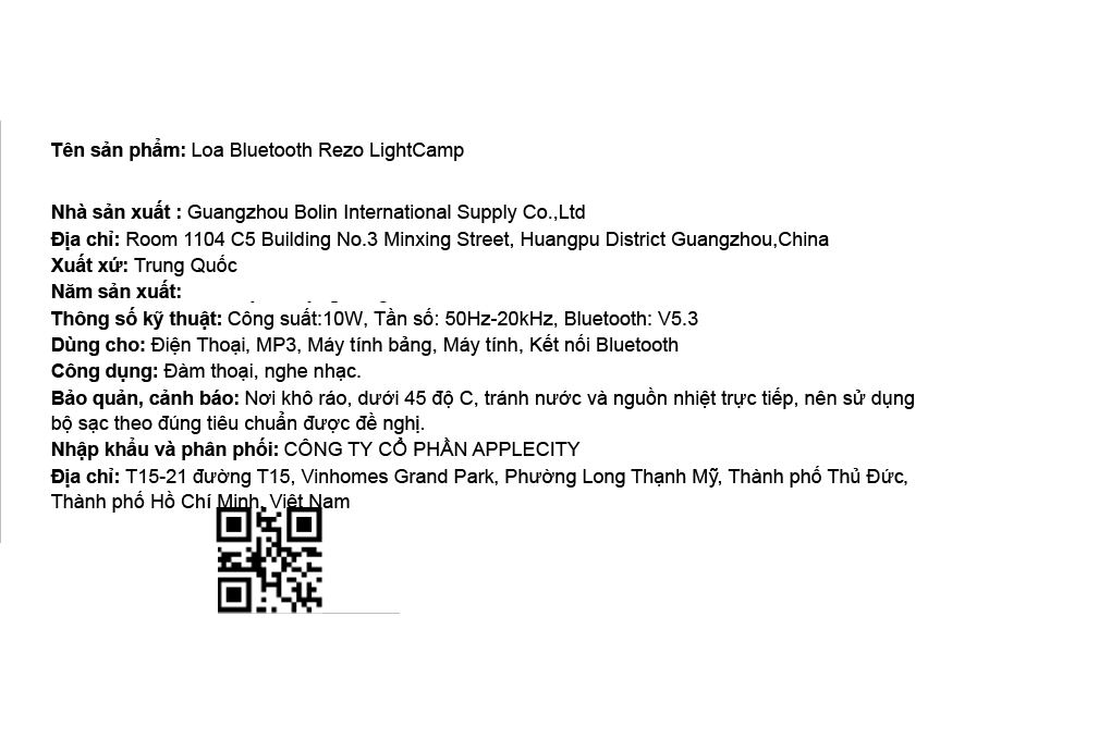 Loa Bluetooth Rezo LightCamp Màu Đen