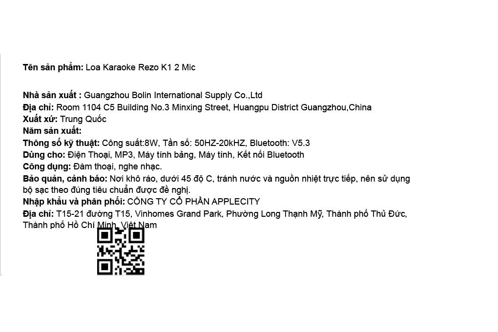 Loa Bluetooth Rezo K1 2 Mic Màu Trắng