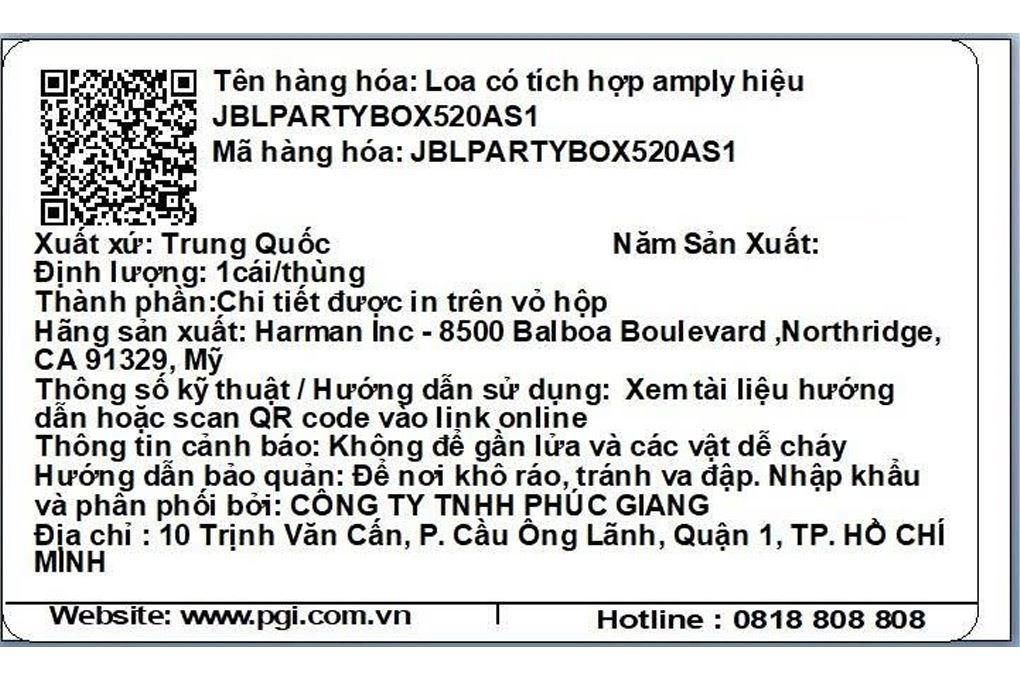 Loa Bluetooth JBL Partybox 520 Màu Đen
