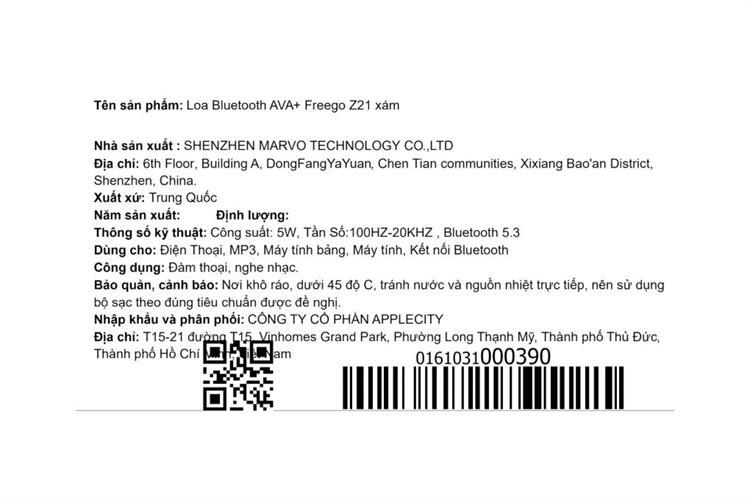 Loa Bluetooth AVA+ Freego Z21 Màu Xám