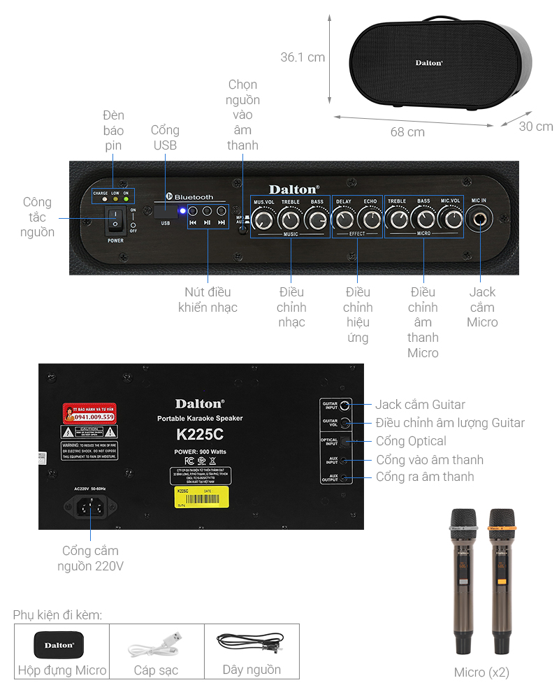 Loa karaoke xách tay Dalton K225C 900W