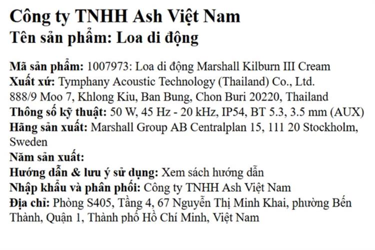 Loa Bluetooth Marshall Kilburn III Màu Kem