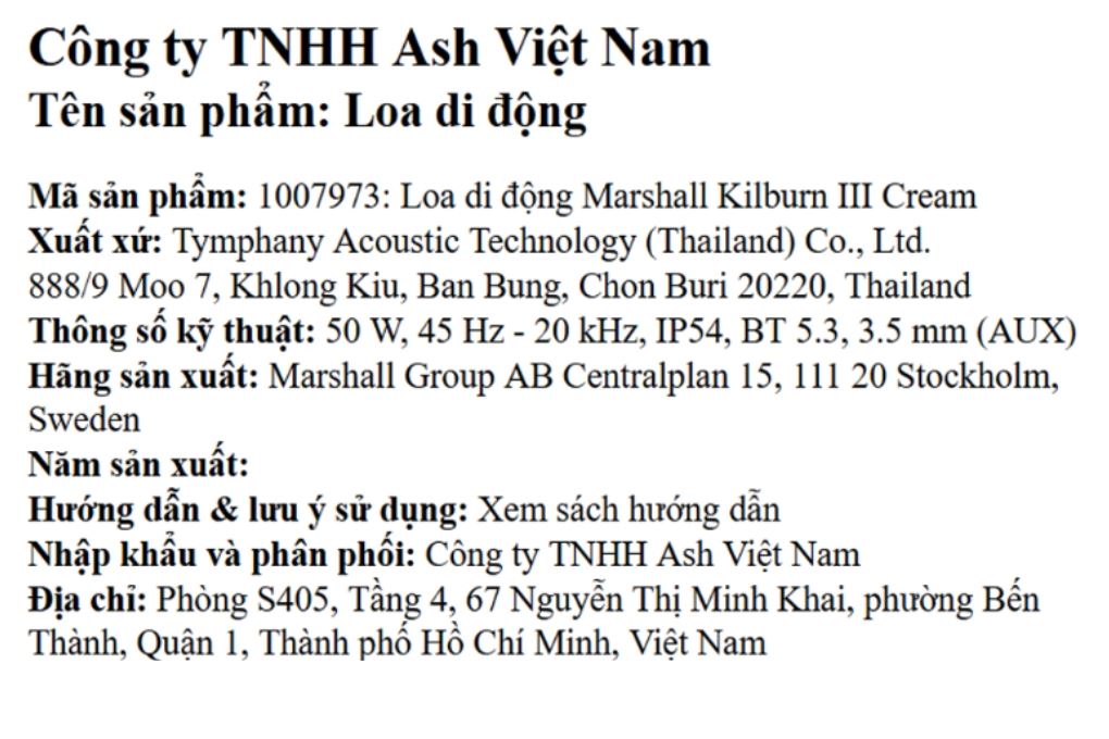 Loa Bluetooth Marshall Kilburn III Màu Kem