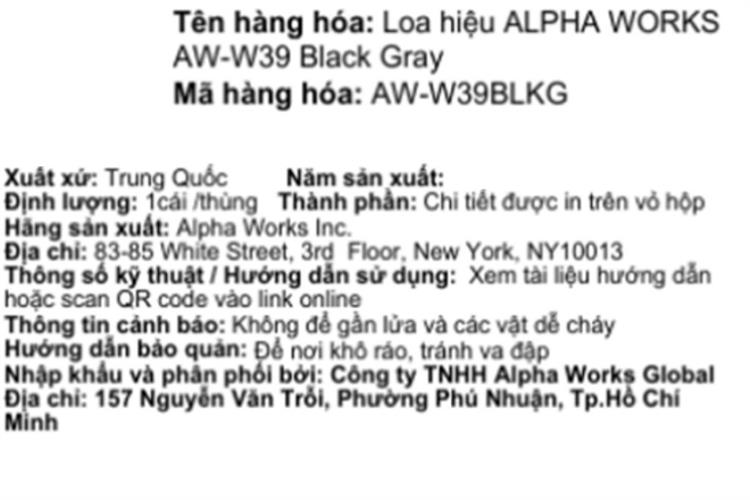 Loa Bluetooth Alpha Works AW-W39 Màu Đen - Xám
