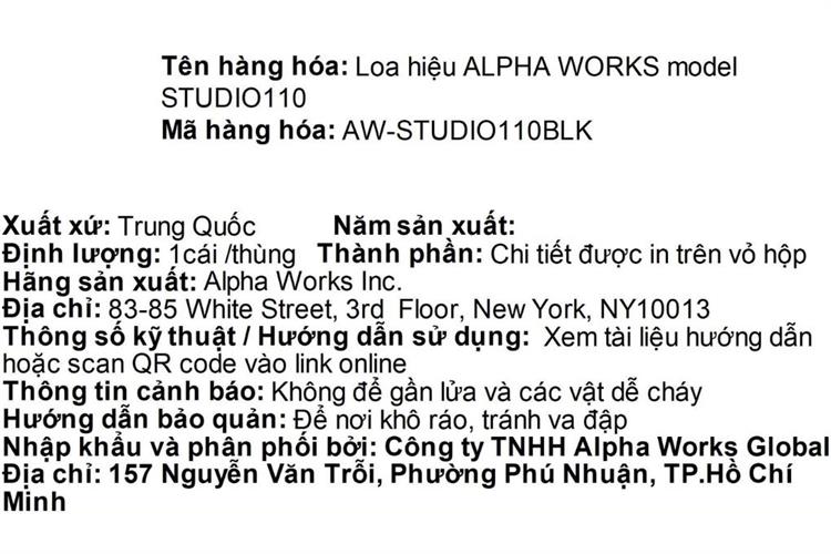 Loa Bluetooth Alpha Works AW-STUDIO110 Màu Đen