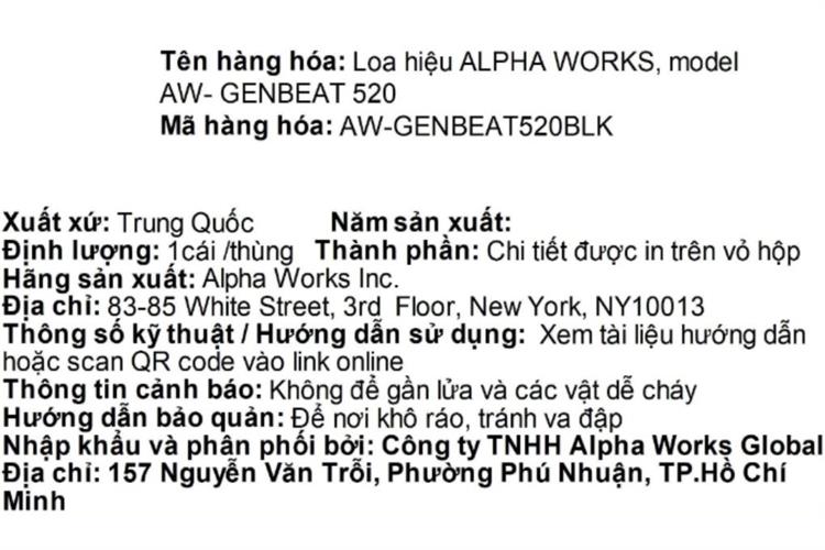 Loa Bluetooth Alpha Works AW-GENBEAT 520 Màu Đen