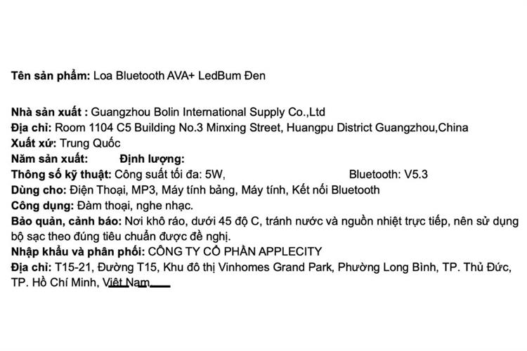 Loa Bluetooth AVA+ LedBum Màu Đen