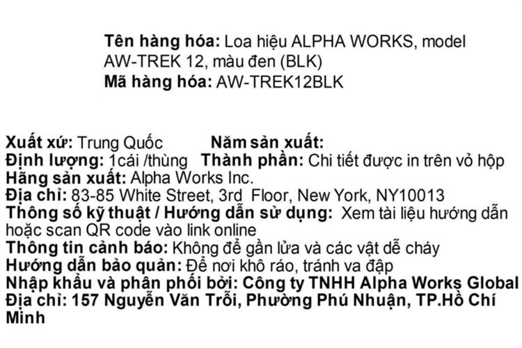 Loa Bluetooth Alpha Works AW-TREK 12 Màu Đen