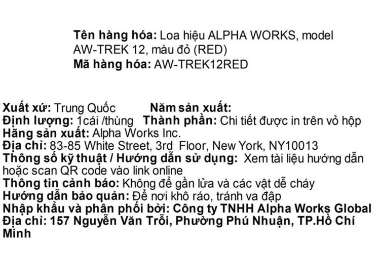 Loa Bluetooth Alpha Works AW-TREK 12 Màu Đỏ