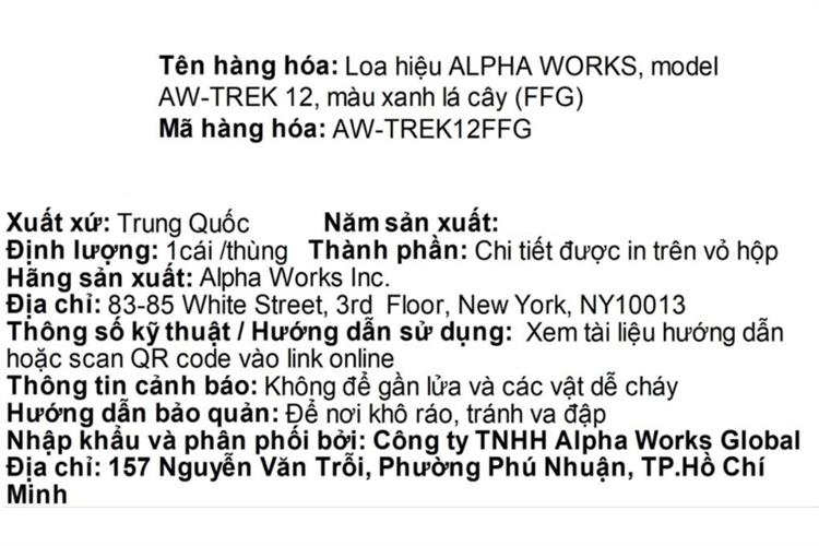 Loa Bluetooth Alpha Works AW-TREK 12 Màu Xanh lá