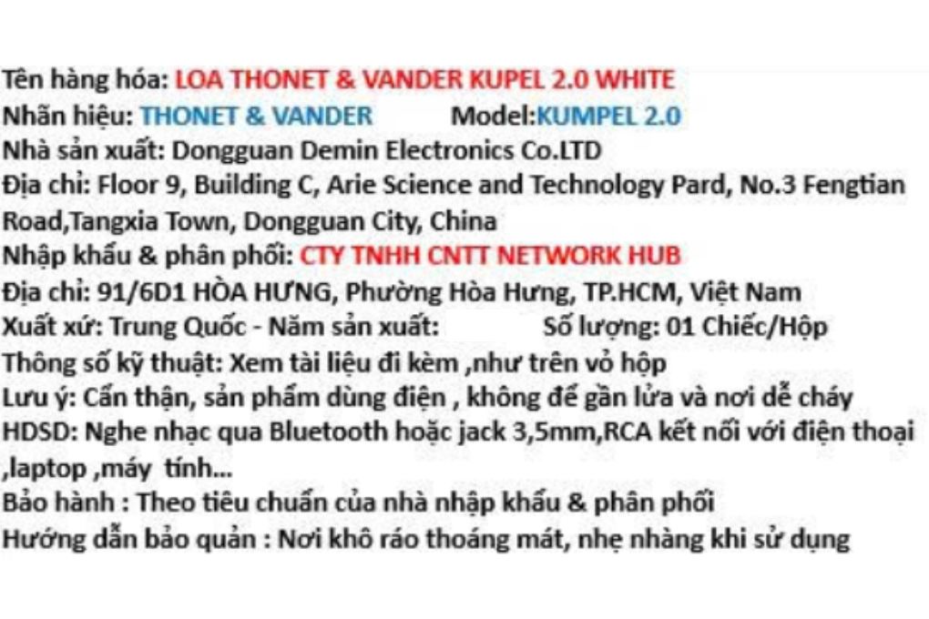 Loa vi tính Bluetooth kiểm âm Thonet & Vander Kumpel 2.0 Màu Trắng