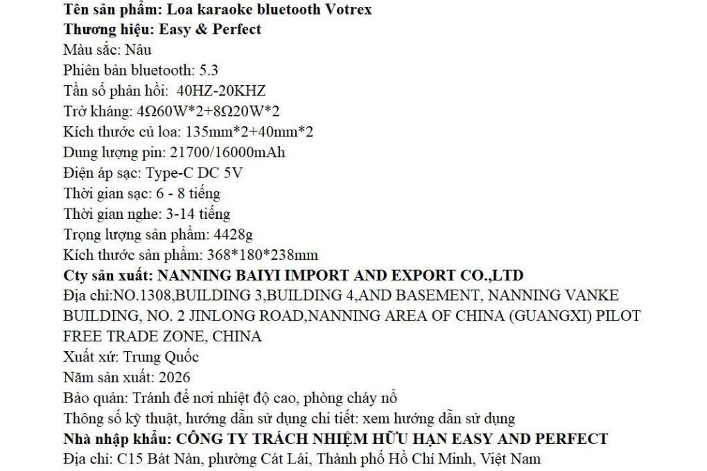 Loa karaoke xách tay Easy & Perfect EP-Votrex 160W - Nâu - 2