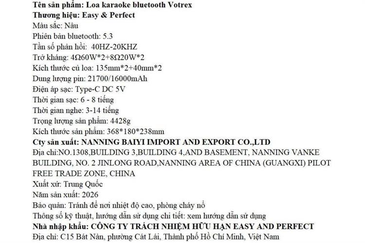 Loa karaoke xách tay Easy & Perfect EP-Votrex 160W - Nâu Màu Nâu