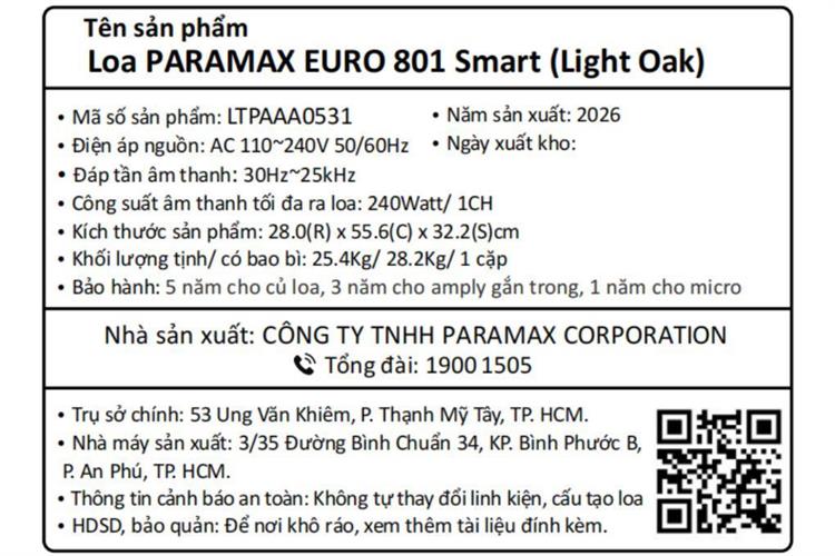 Cặp loa karaoke Paramax Euro 801 Smart 240W Màu Nâu nhạt