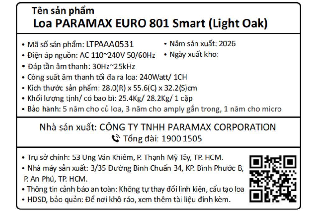 Cặp loa karaoke Paramax Euro 801 Smart 240W Màu Nâu nhạt