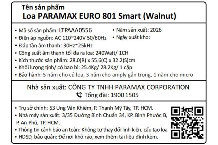 Cặp loa karaoke Paramax Euro 801 Smart 240W Màu Nâu đậm