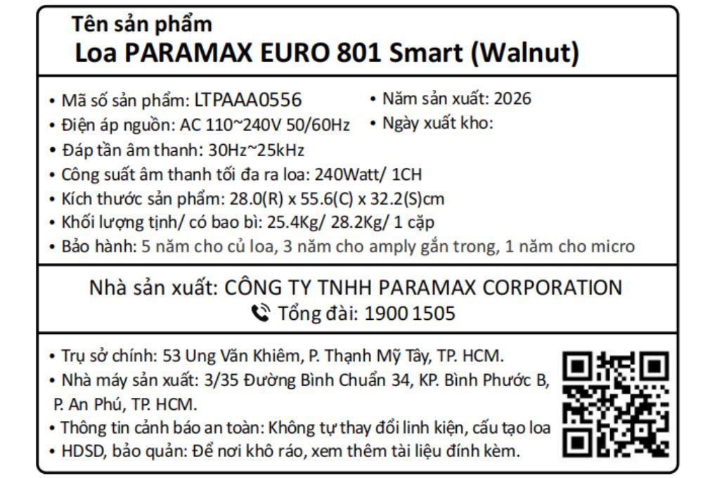 Cặp loa karaoke Paramax Euro 801 Smart 240W Màu Nâu đậm