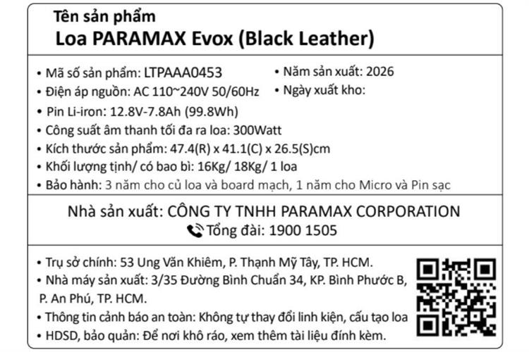 Loa karaoke xách tay Paramax Evox 300W Màu Đen