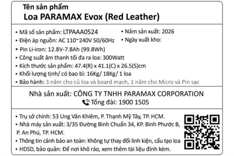 Loa karaoke xách tay Paramax Evox 300W Màu Đỏ