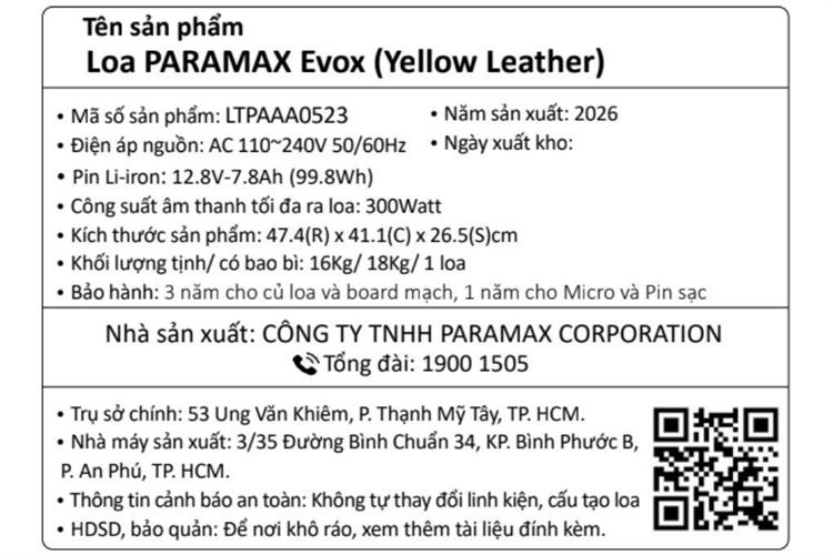 Loa karaoke xách tay Paramax Evox 300W Màu Vàng